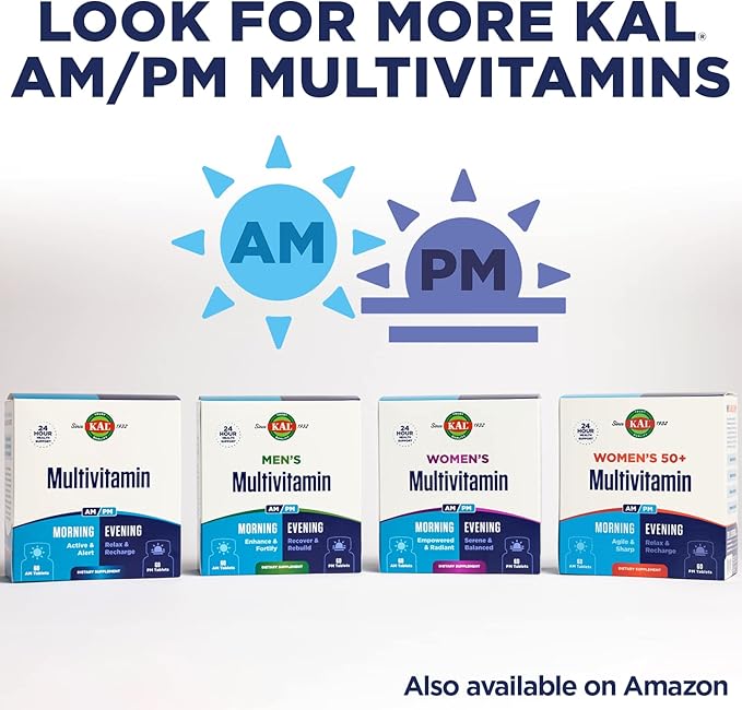 KAL Plus 2-in-1 Multivitamin for Women 50+ AM/PM Vitamin B and D Biotin Ginkgo Biloba Bone Strength and Immune Support Made Without GMOs and Soy Vegan 30 Servings 120 Tablets