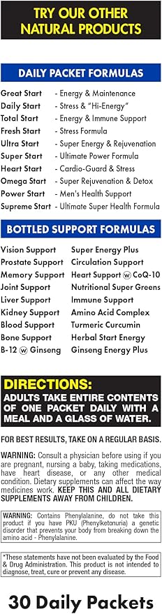 Super Start All-in-One Daily Vitamin Pack - Energy &amp Endurance - Vitamin B12 Panax Ginseng Guarana L-Arginine L-Citrulline &amp BCAAs - 30 Day Supply