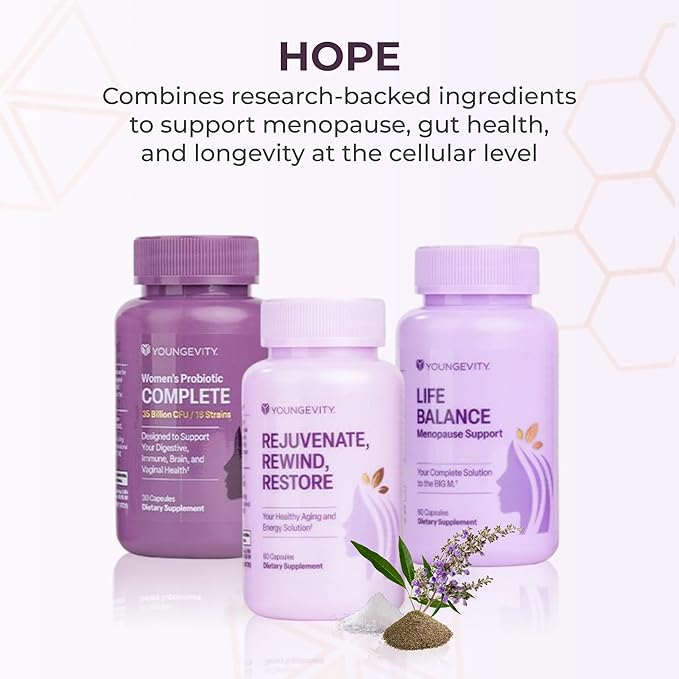 Youngevity Hope Bundle – Menopause &amp Cellular Health Support System | Women’s Probiotic Complete + Rejuvenate Rewind Restore + Life Balance Menopause Support | Gluten-Free