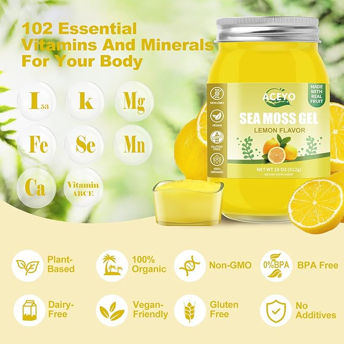 ACEYO (18 OZ) Irish Sea Moss Gel Organic Raw Vegan Lemon Flavor 102 Vitamins and Minerals Wild Harvested Non-GMO Immune Defense Booster Thyroid Digestive Support