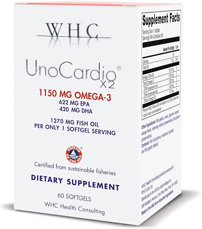 WHC UnoCardio X2 Fish Oil Triglyceride Omega-3 Fatty acids 1270 mg Fish Oil Supplement (622 mg EPA / 420 mg DHA/Total 1150 mg of Omega-3 per Serving) Natural Orange 60 softgels