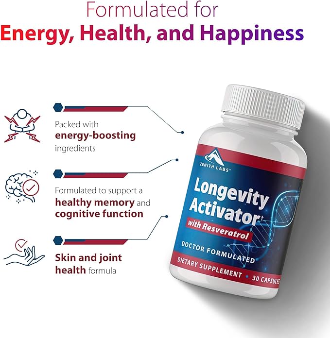 Zenith Labs Longevity Activator Anti-Aging Supplement Dietary Supplement Natural Antioxidants with Resveratrol - Supports Immune Function and Healthy Memory