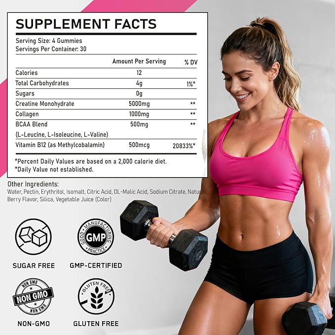 Creatine for Women 5000mg Creatina Monohidratada Gummies with Collagen &amp BCAAs for Muscle Recovery Energy &amp Skin Chewable Post-Workout Supplement Sugar-Free No Bloating 4 Gummies Per Day