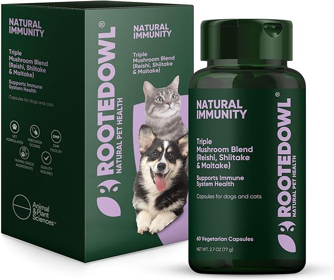 Rooted Owl Natural Immunity - Cat and Dog Immune Support - Triple Mushroom Supplement for Dogs &amp Cats with Reishi Shiitake and Maitake Mushrooms - 60/ct Vegan Capsules