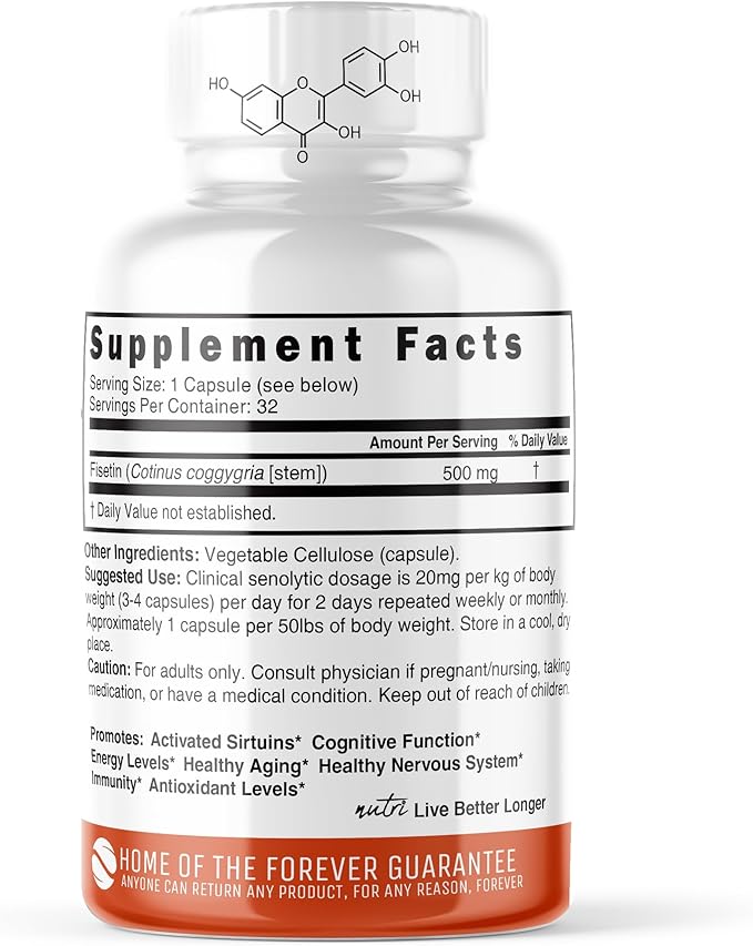 Nature's Fusions Nutri Fisetin 500mg 32 Count - Clinical Dosage - Fisetin Supplements - Powerful Senolytic Activator Antioxidant &amp Brain Support - Natural Polyphenols - 32 Count (Pack of 2)