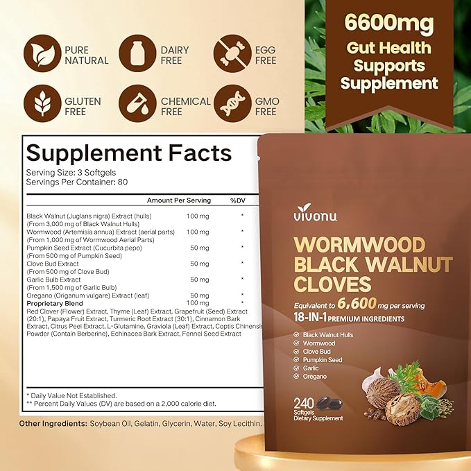 VivoNu Black Walnut Wormwood Clove Capsules Cleanse Detox Intestinal Guard Supplement for Humans 18-in-1 Herbal Blend with Pumpkin Seed Garlic Berberine Cinnamon &amp More 240 Softgels