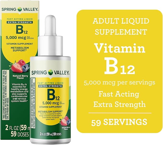 Liquid Vitamin B12 5000mcg Spring Valley Vitamin b12 Metabolism Supplement Berry Flavor 2 fl oz - Set by Basket Goods
