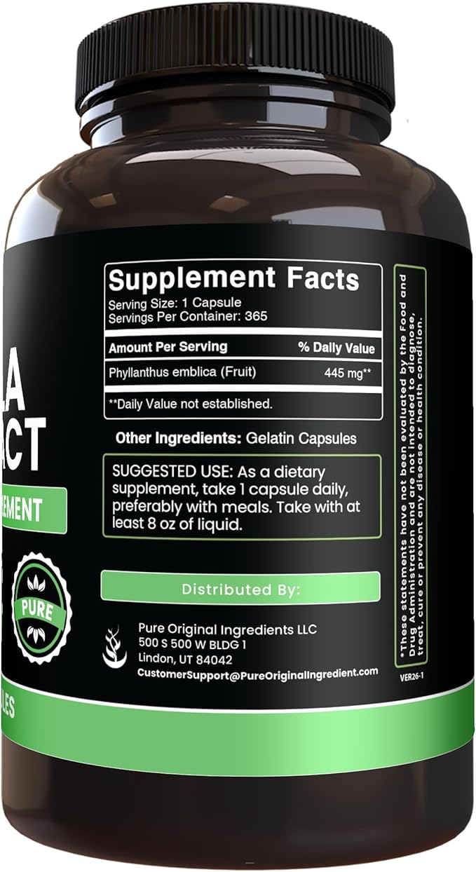 PURE ORIGINAL INGREDIENTS Amla Extract (365 Capsules) No Magnesium Or Rice Fillers Always Pure Lab Verified