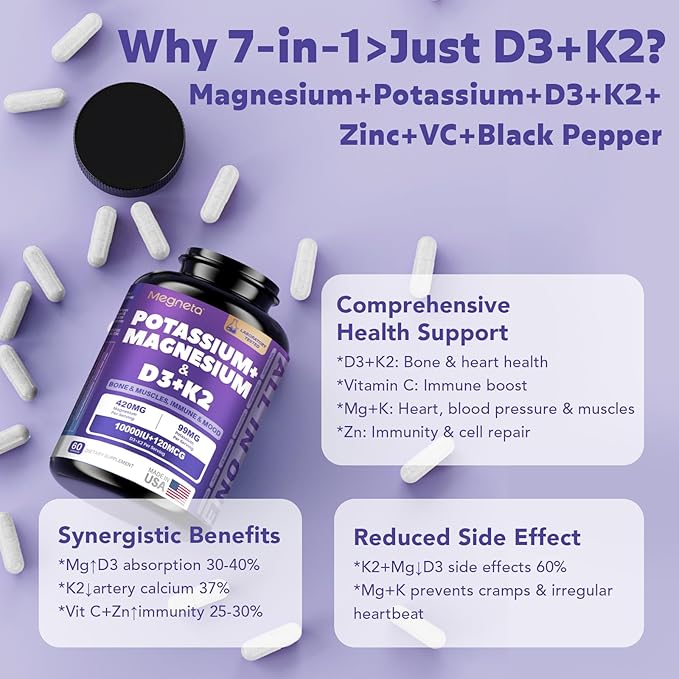High-Potency Vitamin D3 10000IU K2 (MK-7) Potassium Magnesium Supplement - Advanced Synergistic Complex for Bone Immune Health Mood Balance &amp Energy Support