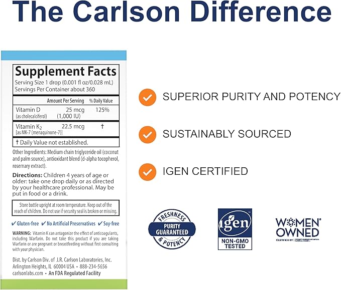 Carlson - Kid's Super Daily D3+K2 25 mcg (1000 IU) D3 &amp 22.5 mcg K2 Vitamin D Drops with Vitamin K2 Liquid Vitamins 1000 IU Vitamin D3 Heart &amp Bone Health 1-Year Supply Unflavored 360