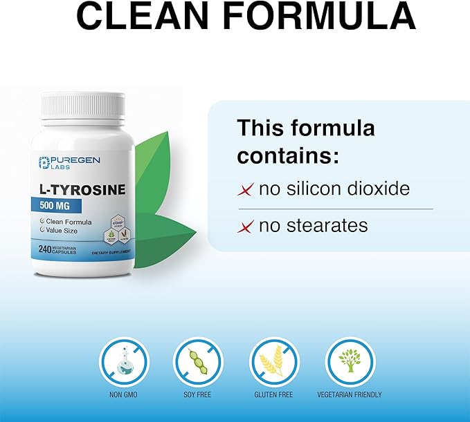 Puregen Labs L-Tyrosine 500 mg Total - 480 Vegetable Capsules | No Harmful Additives | Brain &amp Nervous System Support Non-GMO Vegan Gluten Free Dairy Free - 480 Servings