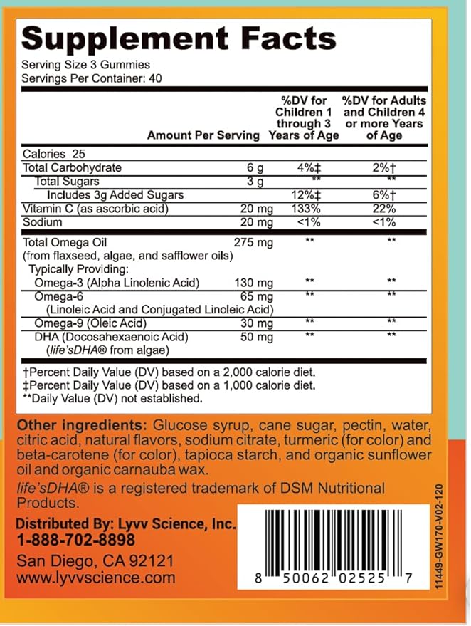 Omega Plus DHAfor Adults and Kids Lemon Flavor -120 Gummies - Omega 3 6 9 and DHA - Promotes Brain &amp Heart Health - Veggie - 40 Servings (1)