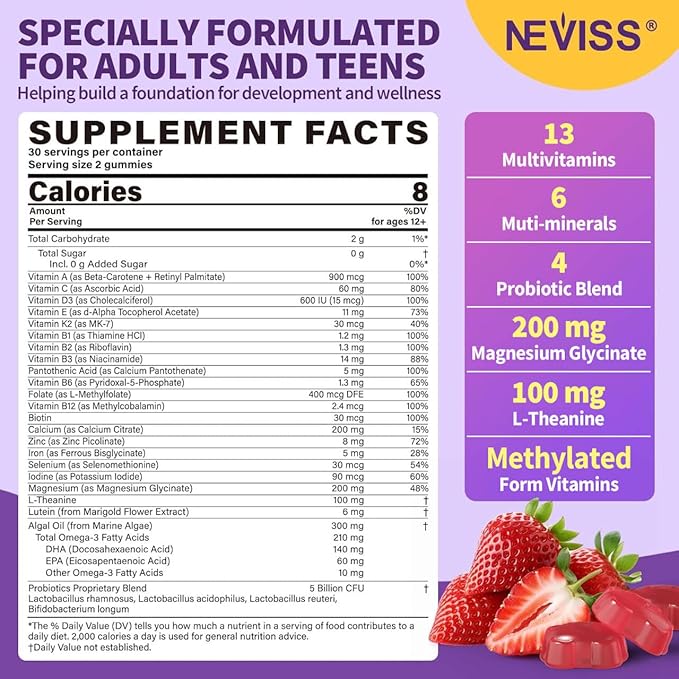 Teen Vitamins Methylated Multivitamin Gummies for Boys Girls 12-17 w/ Magnesium Glycinate Omega-3 L-Theanine for Teens Kids Calm &amp Focus Gummies Supplement 23-IN-1 Formula Sugar Free 120 ct