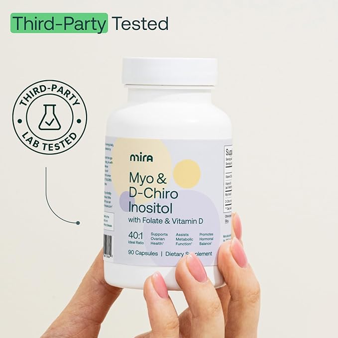 MIRA PCOS Supplement Myo Inositol &amp D-Chiro Inositol 40:1 Ratio Helps Promote Hormonal Balance and Support Ovarian Health &amp Metabolism 90 Capsules (30 Servings) 1 Bottle (Pack of 2)