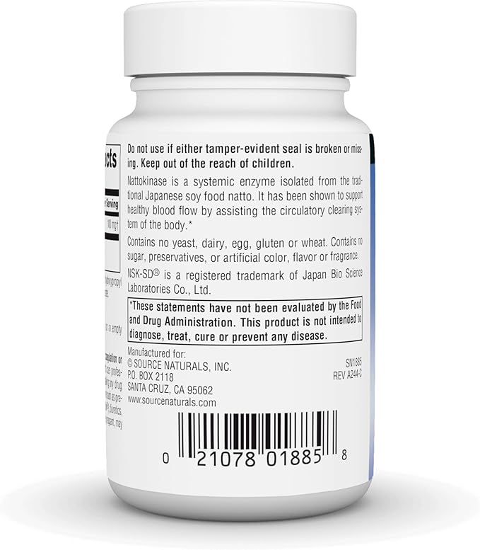 Source Naturals NSK-SD Nattokinase Systemic Enzyme for Healthy Circulation* 100mg - 60 Vegan Capsules