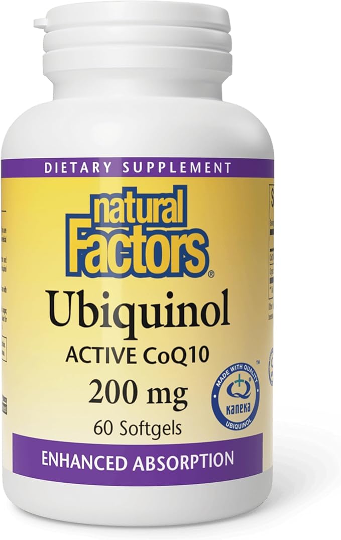 Natural Factors Ubiquinol 200 mg - Supports Heart Health &amp Natural Vitality - Antioxidant Support Supplement with Superior Absorption - Energy Support with Flaxseed Oil - 60 Softgels (60 Servings)