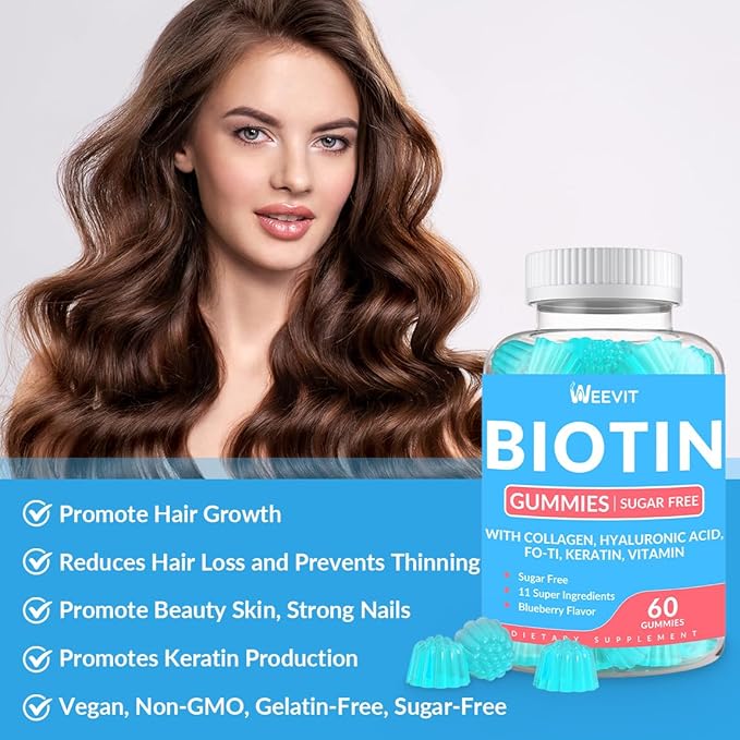 Sugar-Free Biotin Gummies Biotin and Collagen Gummies with Keratin Hyaluronic Acid for Women &amp Men | Hair Growth Glowing Skin &amp Strong Nails | Vitamin B7 Supplement Non-GMO Chewable
