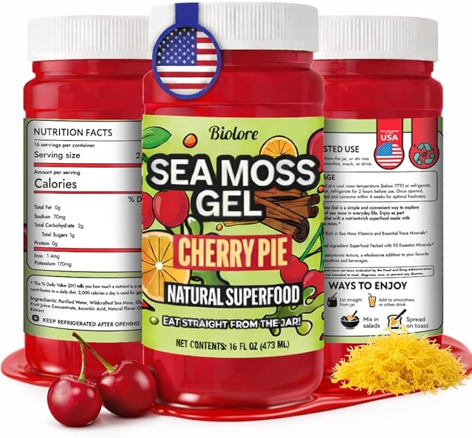 Biolore Cherry Pie Sea Moss Gel 16 oz - No Added Sugar Vegan Made in USA - Wildcrafted Sea Moss Superfood with 92 Essential Vitamins - Ready to Use No Prep Needed