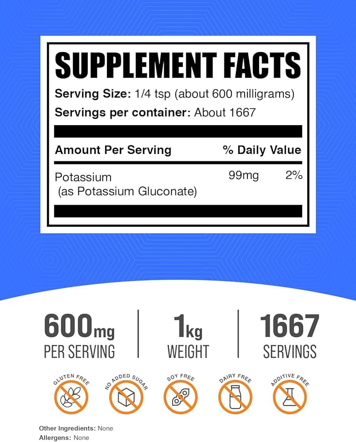 BulkSupplements.com Potassium Gluconate Powder - for Hydration Support Mineral Supplement Potassium 99mg - Gluten Free 600mg per Serving 1kg (2.2 lbs) (Pack of 1)
