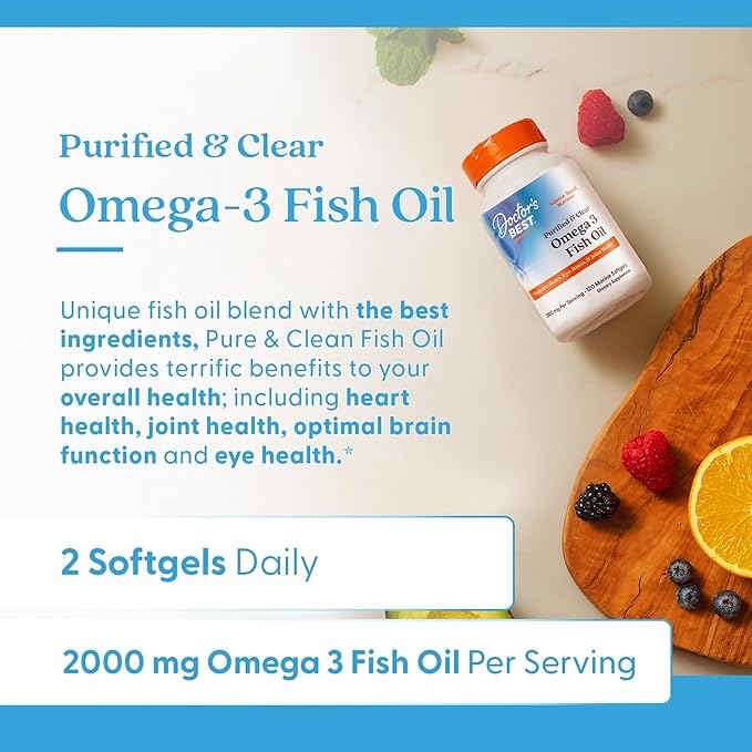 Doctor's Best Omega 3 Fish Oil Supplement for Women &amp Men - Source of DHA EPA &amp Omega-3 Fatty Acids Purified High 2000 mg Potency Heart Health Support Non-GMO Gluten Free - 120 Marine S