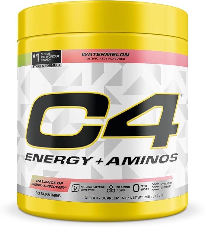 Cellucor C4 Energy + Aminos Powder 5g BCAAs &amp EAAs for Muscle Recovery 3 Electrolytes for Hydration 100mg Natural Caffeine Pre Workout Zero Sugar 30 Servings Watermelon
