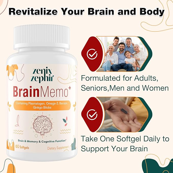 Memory Focus Supplement - Brain Support with Omega-3 Bacopa and Plasmalogens for Enhanced Cognitive Function - Concentration and Memory - Non-GMO 60 Softgels