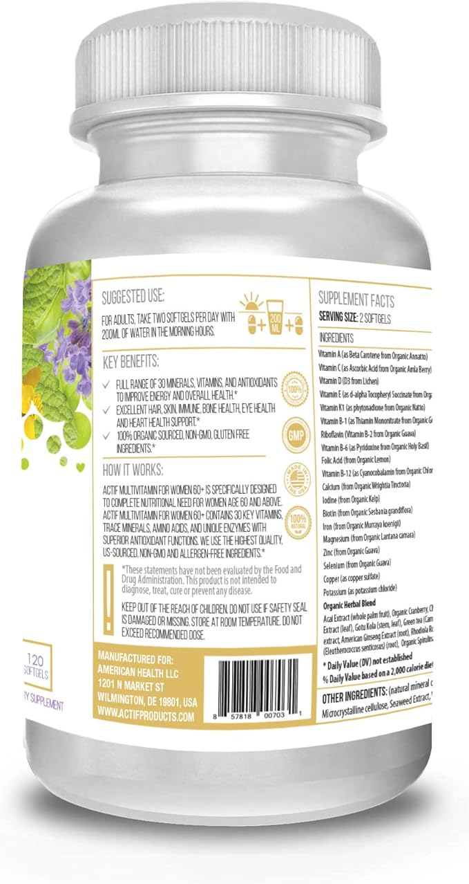 ACTIF Multivitamin for Women Age 60+ with 30 Organic Vitamins and Organic Herbs Non-GMO Made in USA 2-Month Supply