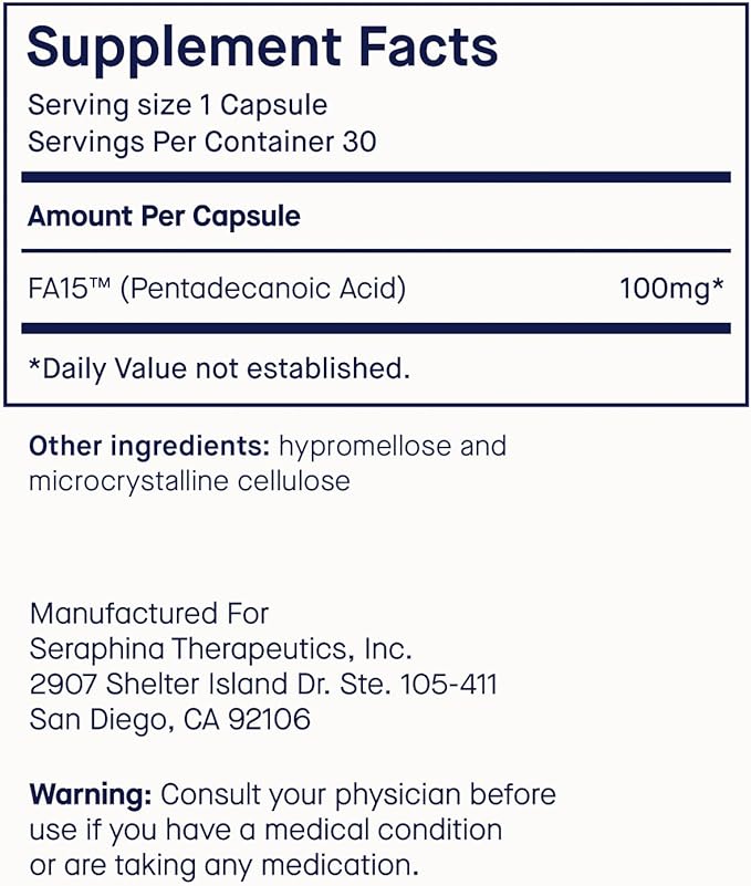 Fatty15 C15:0 Pentadecanoic Acid Supplement The Longevity Nutrient - 90 Vegan Capsules - 3X Cellular Benefits of Fish Oil EPA Omega 3 Supplements - Liver Support &amp Mitochondrial Health