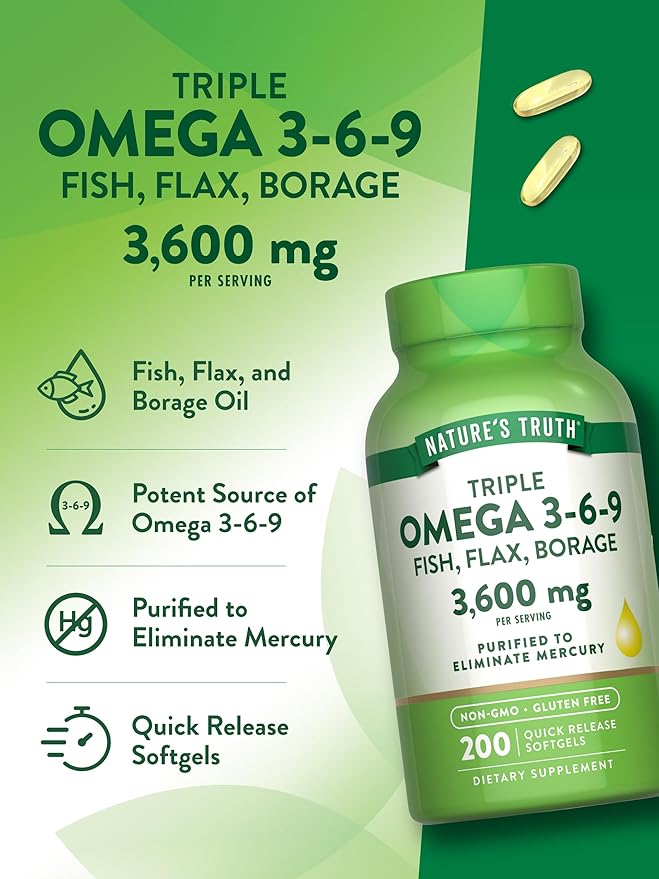 Nature's Truth Triple Omega 3 6 9 | 3600mg | 200 Softgels | Fish Flax and Borage Oils | Non-GMO &amp Gluten Free Supplement