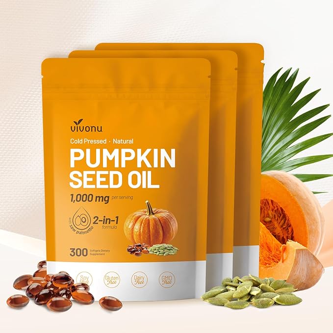 VivoNu Pumpkin Seed Oil with Saw Palmetto Capsules |Cold Pressed Pure Virgin OilEssential Fatty Acids &amp Phytosterols |300 SoftgelsSupports HairUrinaryBladder&ampProstate Health|Non-GMO
