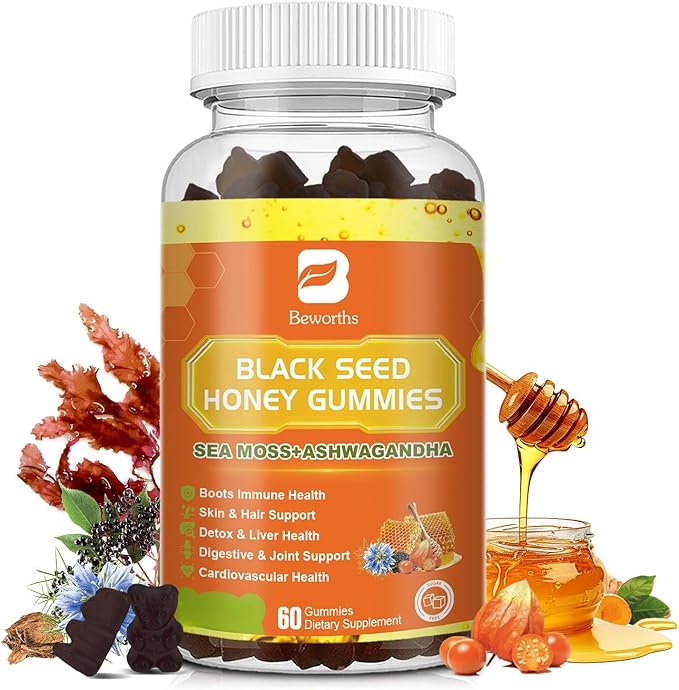 Black Seed Oil Sea Moss Gummies with Ashwagandha Burdock Root Linden Honey Elderberry Turmeric Vitamin C D3 &amp Zinc - Supports Immunity Joints Digestion Hair &amp Skin Vegan Gummies 60 C