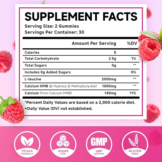 MEENCCD 2 Pack HMB and L-Leucine Gummies HMB and Leucine Amino Acid for Muscle Growth Muscle Maintenance and Muscle Function for Men &amp Women Sugar-Free Raspberry Flavor 120 Count