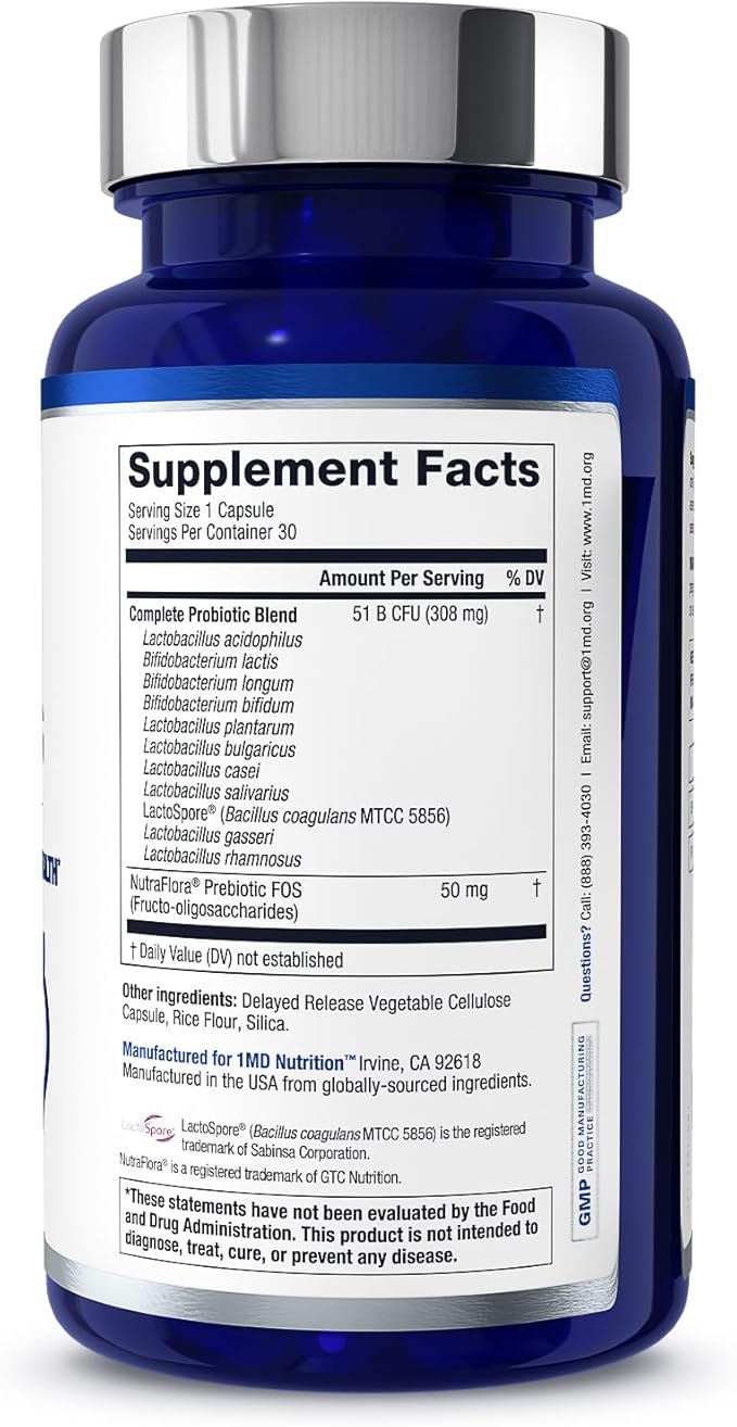 1MD Complete Probiotics Platinum | Supports Digestive Health | with Nourishing Prebiotics 51 Billion Live CFU 11 Strains Dairy-Free | 30 Vegetable Capsules (2-Pack)