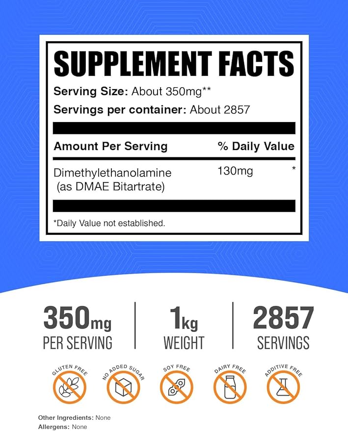 BulkSupplements.com DMAE Bitartrate Powder - Dimethylaminoethanol Bitartrate DMAE Supplement - Unflavored &amp Gluten Free 350mg per Serving 1kg (2.2 lbs) (Pack of 1)