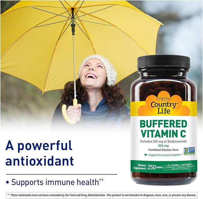 Country Life Vitamin C Buffered with Bioflavonoids 500mg 250 Tablets Certified Gluten Free Certified Vegan