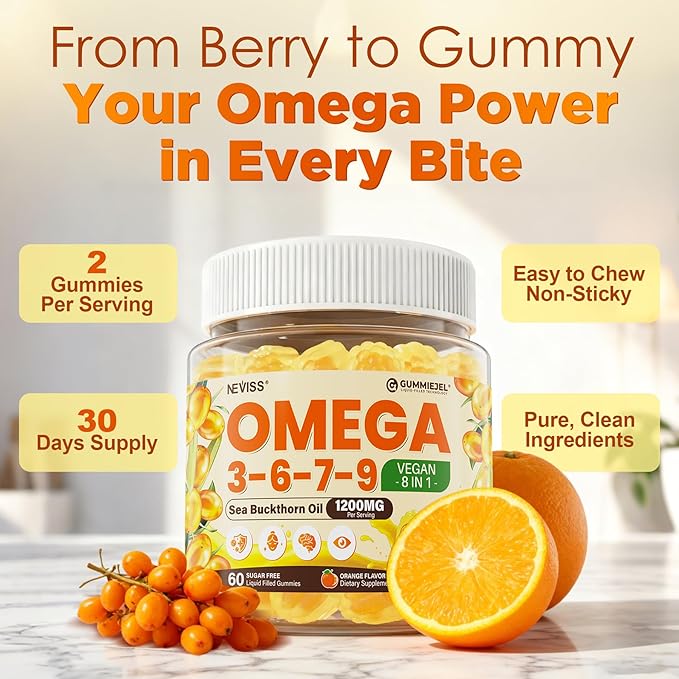 Omega 3-6-7-9 Gummies Organic Sea Buckthorn Oil 1200MG &amp Flaxseed Oil 500MG Vegan Omega 7 Supplement w/Vitamin A C E Fatty Acids No Fish Taste Supports Skin Eye Immune Brain Health 60 C