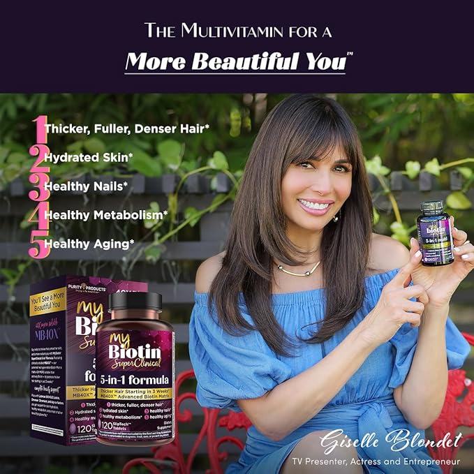 Purity Products MyBiotin SuperClinical New 5-in-1 Elite Multivitamin + MB40X Biotin Matrix Daily Multi - Thicker Hair Starting in 3 Weeks - 40X More Soluble vs Ordinary Hair Skin Nails - 120 Tabs
