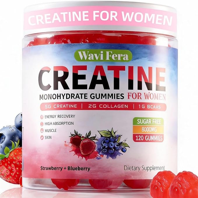 Creatine for WomenCreatine Monohydrate Gummies with Collagen+ BCAAs+Hyaluronic Acid+VitaminsC and b12Sugar FreeVeganSupplement for MuscleSkin Hair &amp Nail Support Mixed berry120 Counts