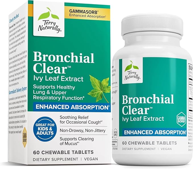 Terry Naturally Bronchial Clear Ivy Leaf Extract Chewable - Lung &amp Respiratory Health Support Supplement - Dietary Supplement with English Ivy Leaf Extract - 60 Chewable Tablets (60 Servings)