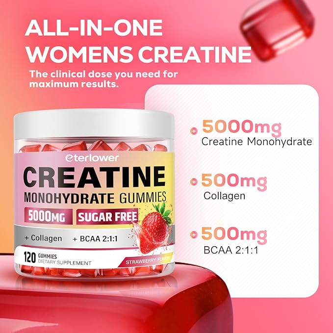 Creatine Monohydrate Gummies 5g Creatine Gummies for Women &amp Men.Pre-Workout &amp Muscle Growth Support Contains BCAA Collagen Sugar-Free 120 Count