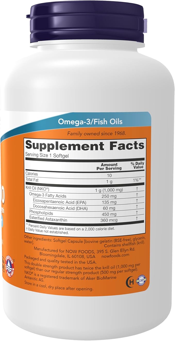 NOW Foods Supplements Neptune Krill Double Strength 1000 mg Phospholipid-Bound Omega-3 120 Softgels