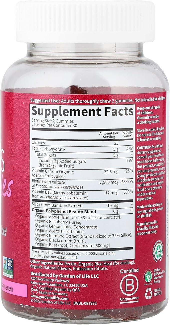 Garden of Life Organic Beet Root Gummies Made of Pectin with Antioxidants Vitamin C Biotin &amp B12 for Hair Skin &amp Nails – BEETS Beauty Gummies – Vegan Gluten Free Non GMO Raspberry 30 Se