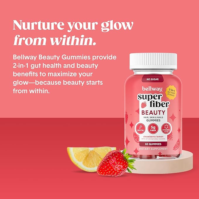 Bellway Super Fiber Gummies + Beauty – Sugar Free Fiber Supplement with Biotin &amp Vitamins A C E – Supports Digestive Health Skin Hair &amp Nails - 60 Count