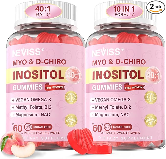 Myo-Inositol &amp D-Chiro Inositol Gummies for Women 2000mg + 50mg 40:1 Ratio Inositol with Vegan Omega-3 + D3 Magnesium Glycinate Methyl Folate + B12 for Female Health &amp Wellness Sugar Free