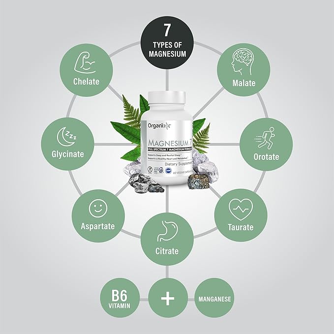 Organixx Magnesium Glycinate Supplement for Support Sleep Muscle &amp Heart Health 7 Type Magnesium Complex with Vitamin B6 Manganese Citrate Gluten Free Vegan Non GMO High Absorption 60 Caps