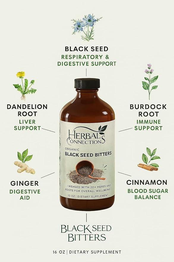 Organic Black Seed Bitters with Maca and Honey - Infused with 20+ Herbs and Roots - Vegan and Gluten-Free 16 Ounces