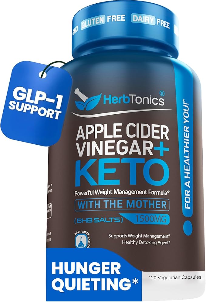 Herbtonics Apple Cider Vinegar + Keto BHB Capsules | GLP-1 Support for Appetite Cravings &amp Weight Management | Metabolism Support with Satiety Support | 120 Capsules - 2 Month Supply