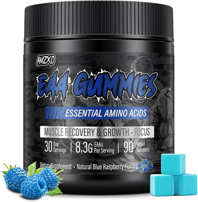 EAA Gummies - 2:1:1 BCAA Formula (8300mg) - Essential Amino Acids for Muscle Recovery &amp Endurance - Non-GMO Gluten Free Sugar Free Vegetarian Blue Raspberry Flavor - 90 Count