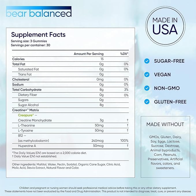 Bear Balanced Creatine Gummies for Men &amp Women - Creapure® Creatine Monohydrate L-Theanine L-Tyrosine &amp B12 for Muscle Growth Strength Focus Energy &amp Health - Low Calorie Sugar-Free