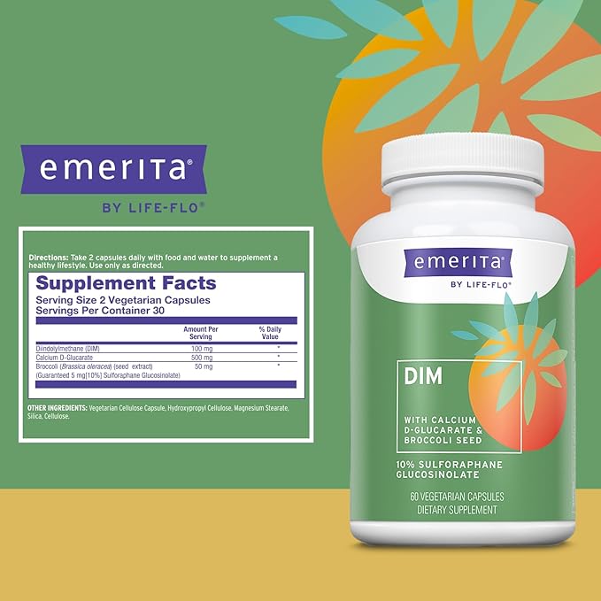 Emerita by Life-flo DIM Supplement Balancing Support for Women with 100mg DIM Plus Calcium D-Glucarate and Broccoli Seed Extract 60-Day Guarantee Not Tested on Animals 30 Servings 60 VegCaps